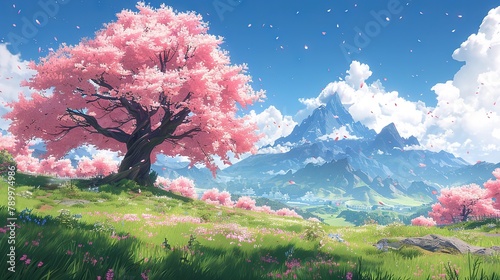 Anime cherry tree blossoming in the valley  mountain background  daylight  japanese style