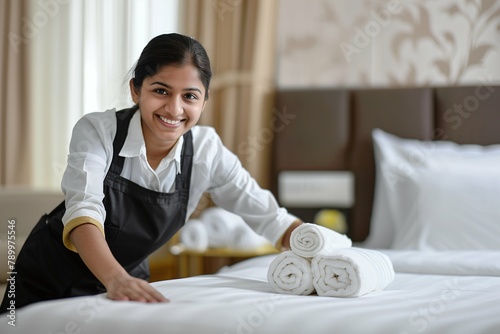 Smiling Indian chambermaid preparing a hotel room, Professional resort staff member, Horizontal photography (3:2)