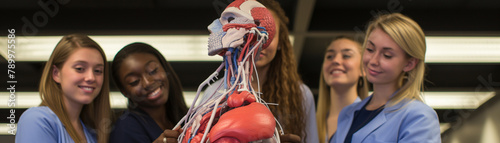 Medical students studying with a lifesize human anatomy model, focus on the cardiovascular system, clinical background photo