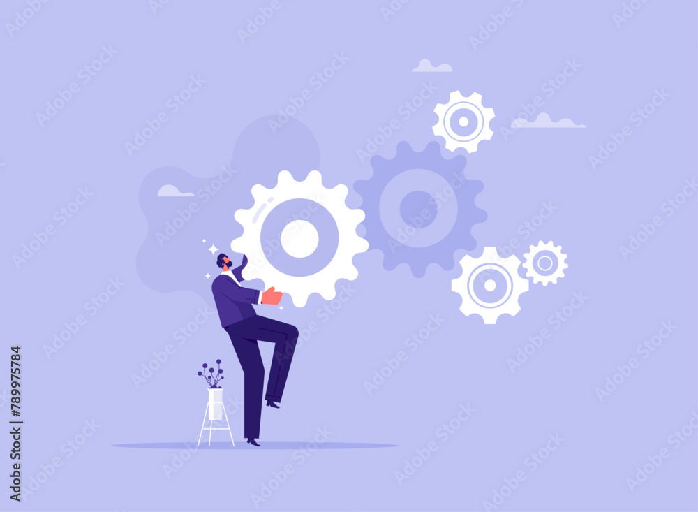 Business process and development concept, businessman putting missing gear to cogwheel mechanism, cogwheels as symbol of successful business Business process and development concept, businessman putting missing gear to cogwheel mechanism, cogwheels as symbol of successful business
