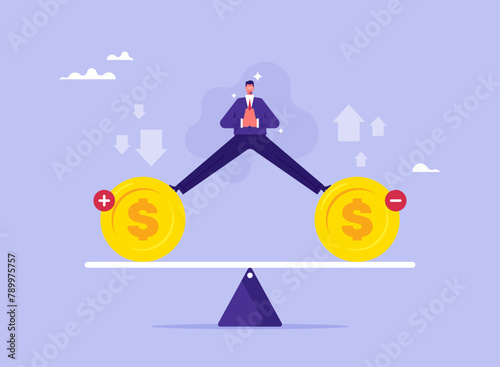Budget balance or money management concept, businessman standing on the seesaw tries to balance between income and spending