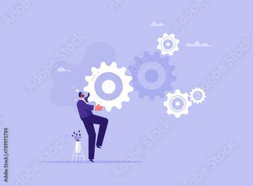 Business process and development concept, businessman putting missing gear to cogwheel mechanism, cogwheels as symbol of successful business