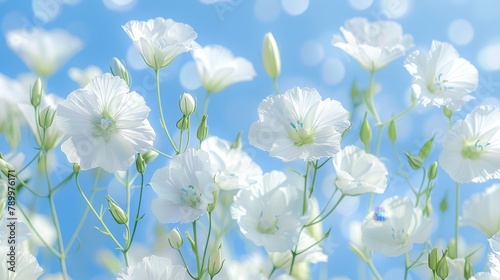  White flowers in clusters against a blue backdrop Light emanates from their center