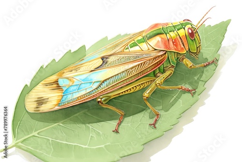 A detailed watercolor of a Leafhopper, adorned with colorful stripes and spotted on a fresh green leaf, vibrant leaf greens and bug reds, white background, vivid watercolor, 100 isolate © Pakorn
