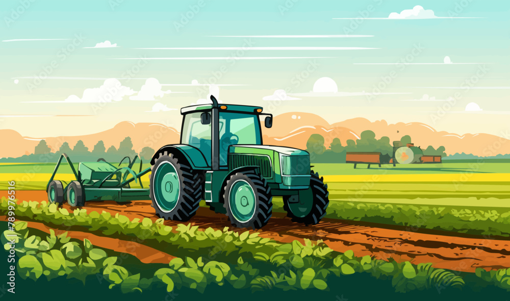 Fototapeta premium tractor in field with vegetables harvesting, agriculture farming nature vector landscape illustration