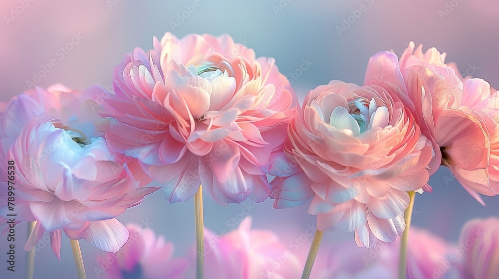 A cluster of pink blooms atop a blue-pink floral field against a backdrop of blue and pink A cluster of pink blooms atop a blue-pink floral field against a backdrop of blue and pink