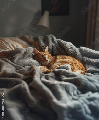 Cute cat sleeping on a bed © gilad