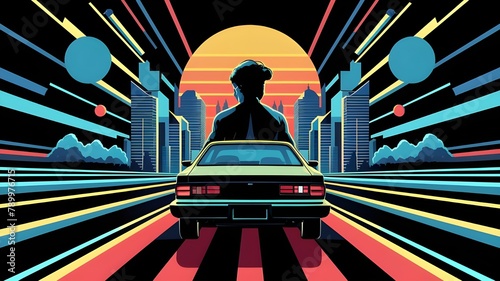 Summer vibes 80s style with a car going to the city before him. Postproducted illustration. photo
