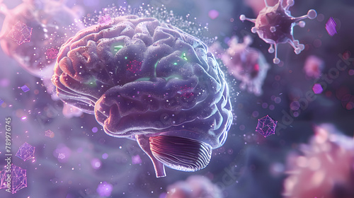 3D visualization of a human brain enveloped by unusual medical panels with synapses sparking in the background. concept art.