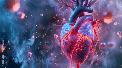 3D visualization of a human heart encased in peculiar medical screens with neurons firing in the background. concept art.  photo