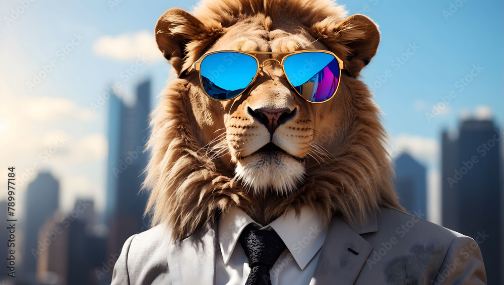 Lion man businessman wearing a business suit and aviator sunglasses in the backdrop of a big city view, city jungle
