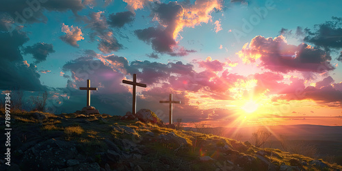 Three crosses on the top of the mountain at sunrise #789977384