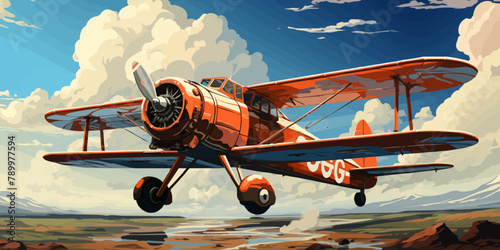 vector illustration of the clouds image with a biplane flying in the blue sky vector photo