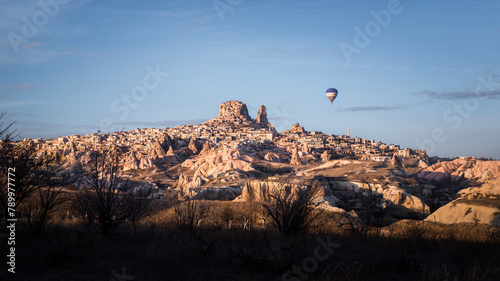 Hot-air ballon over Uchisar castle in Cappadocia