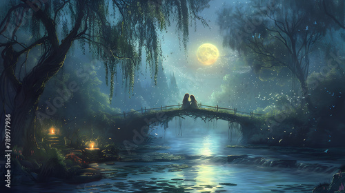 A beguiling tapestry of the wise maiden and her brownie pal. sitting on a bridge over an endless river glowing with moonbeams photo