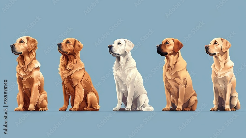 Fototapeta premium Animated golden retriever and labrador retriever dog hand drawn modern collection. A collection of cartoon dog and puppy characters with flat colors.