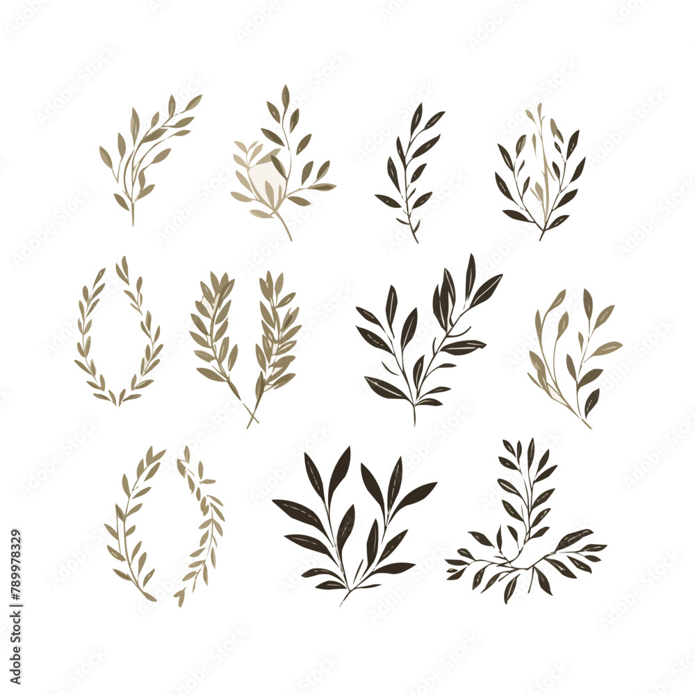 Botanical line illustration set of olive leaves, branch wreath for wedding invitation and cards, logo design, web, social media and posters template. Elegant minimal style floral vector isolated Botanical line illustration set of olive leaves, branch wreath for wedding invitation and cards, logo design, web, social media and posters template. Elegant minimal style floral vector isolated