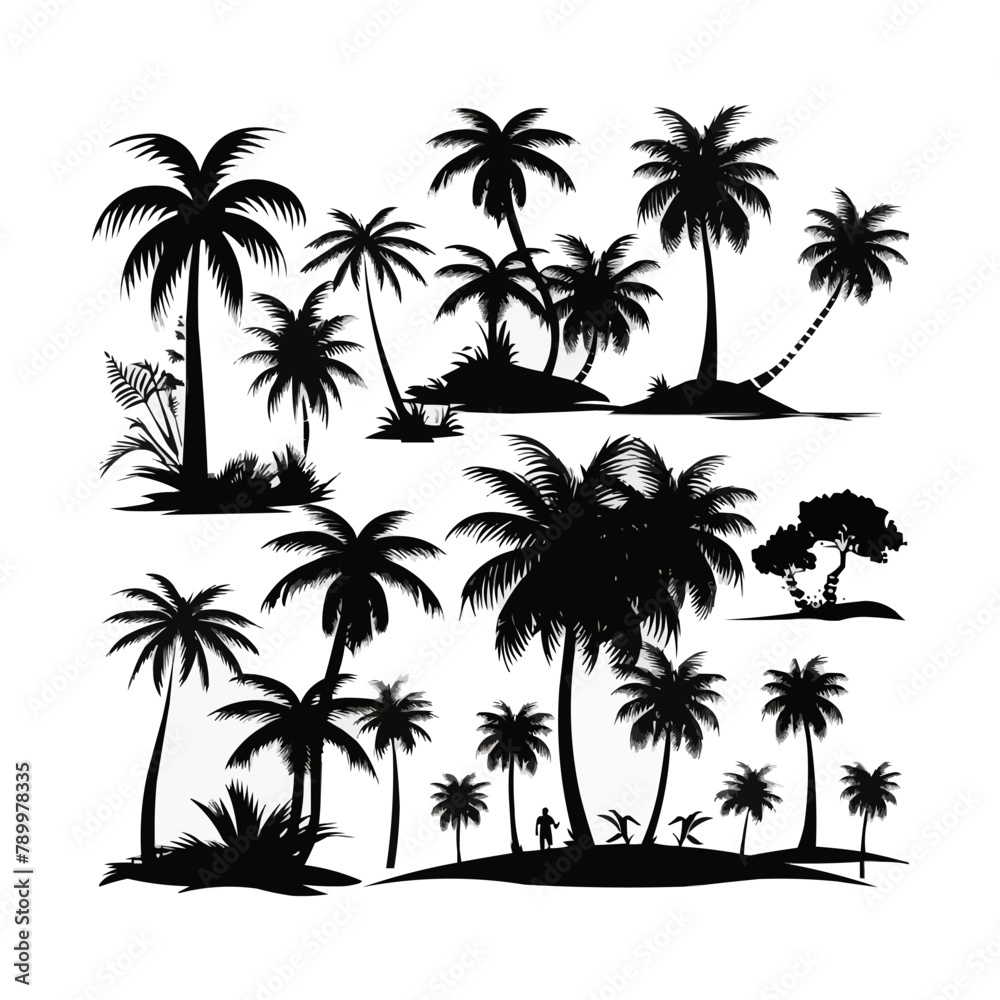 Black palm tree set vector illustration isolated on white background ...