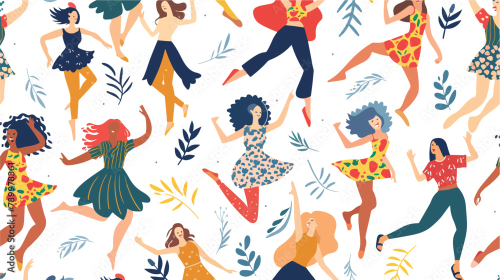 Women dancing pattern. Seamless background with happy