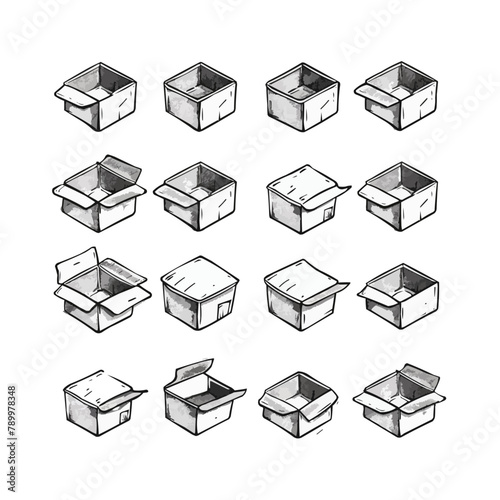 Box icon set isolated on white background. Empty open shipping box or unboxing line art.