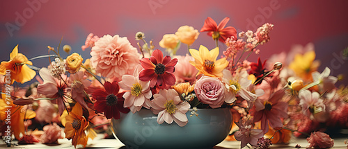 a vase of flowers sitting on a table with a red background © Masum