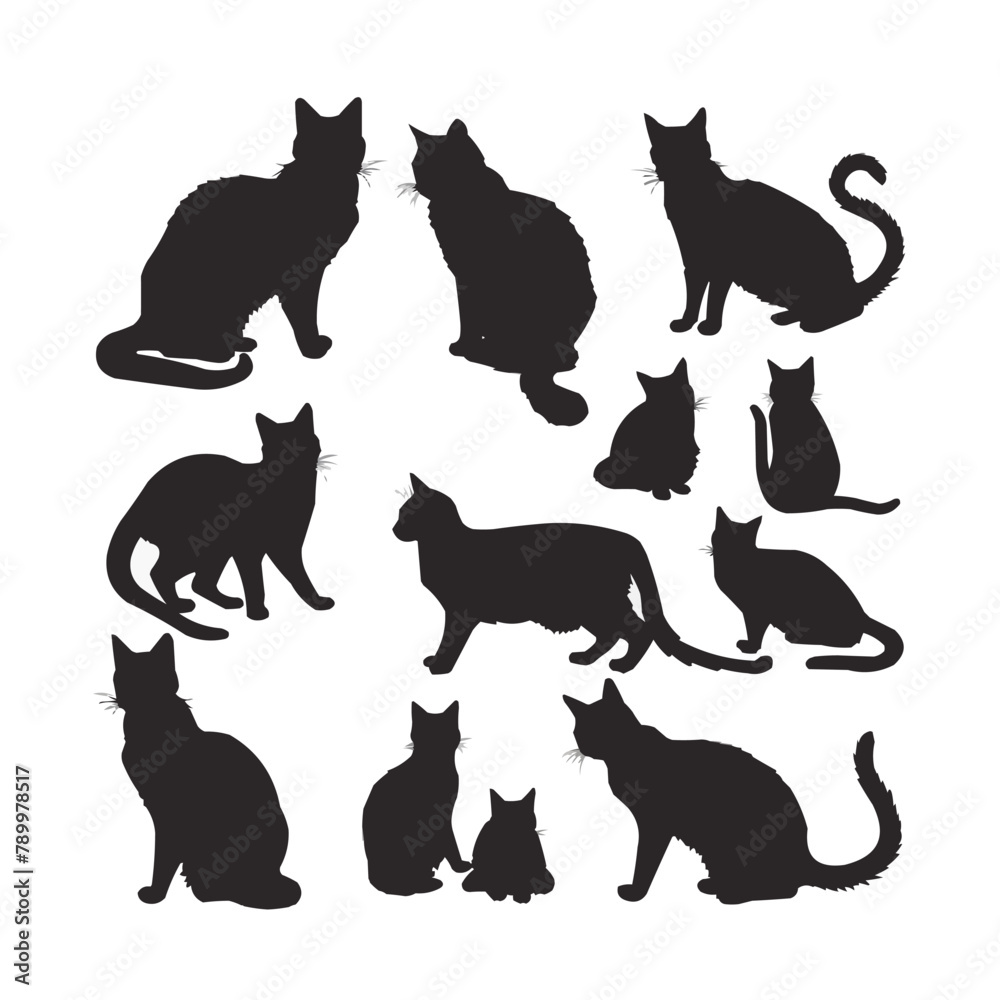 Cat silhouettes set, large pack of vector silhouette design, isolated white background