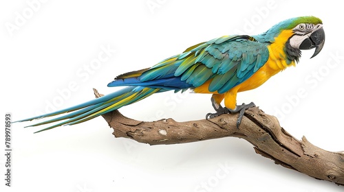 Portrait of colorful macaw parrot perched on tree branch isolated on white background photo