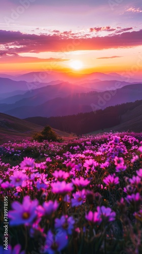 Sunset Over a Blooming Purple Mountain Meadow During Springtime © Olena Rudo