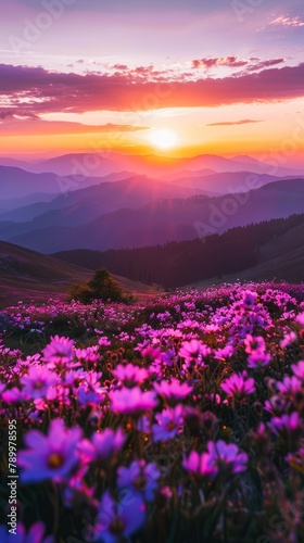 Sunset Over a Blooming Purple Mountain Meadow During Springtime