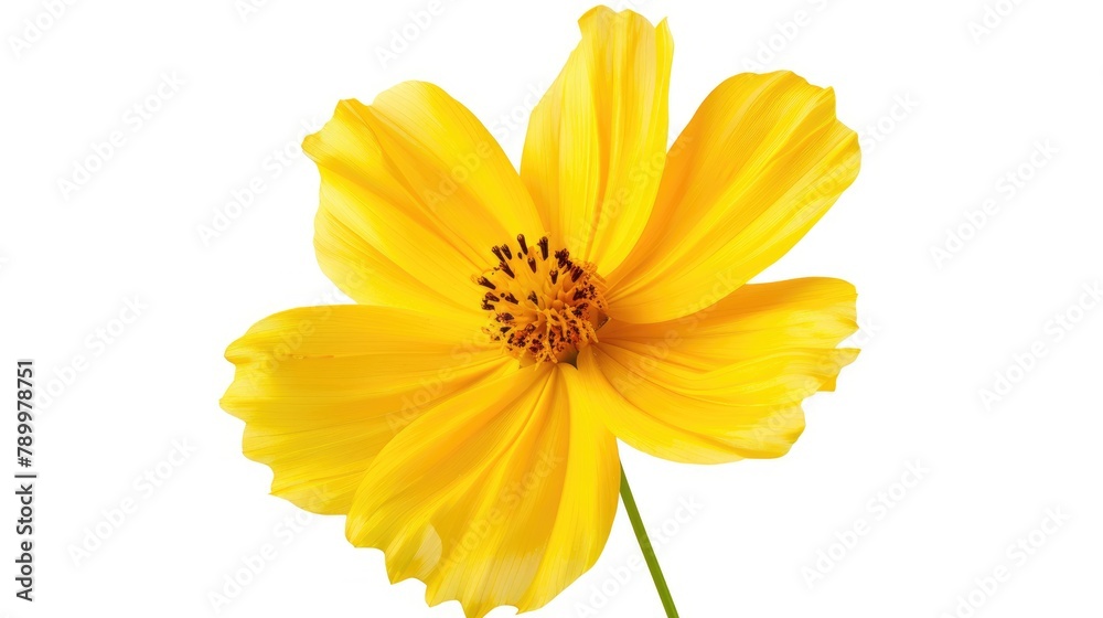 Bright yellow cosmos flower in full bloom against a white backdrop