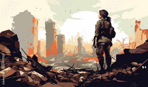 woman soldier in ruined city isolated vector style with transparent background illustration