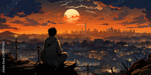 woman sitting outside against the futuristic city scene in the background vector flat bright colors