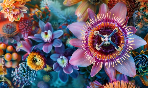 Capture the ethereal beauty of exquisite floral rarities from a birds-eye view using vibrant watercolors and intricate pen and ink details photo