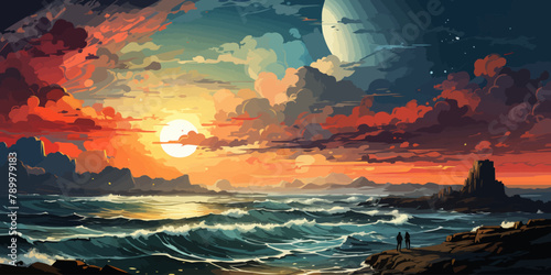 woman standing on the sea looking at the summer sky, vector illustration