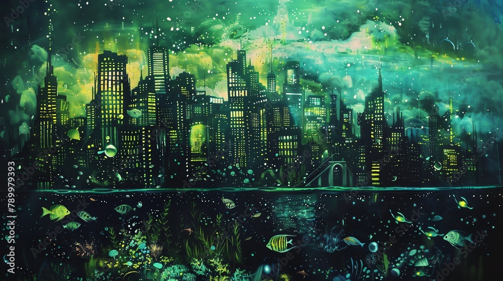 Bring the Bioluminescent Urban Jungle to life in a traditional watercolor medium Imagine an urban cityscape merging with the enchanting glow of underwater flora and fauna Show depth and detail through