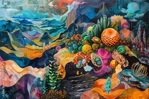 Capture a birds-eye view of a renowned chefs culinary journey through a surrealistic landscape in expressive oil painting, showcasing vibrant colors and intricate details