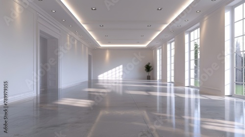 A large, empty room with a white ceiling and white walls. The room is very spacious and has a clean, minimalist look. There is a potted plant in the middle of the room