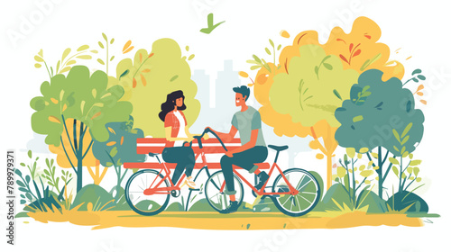 Young couple in nature sitting on bench and bike 