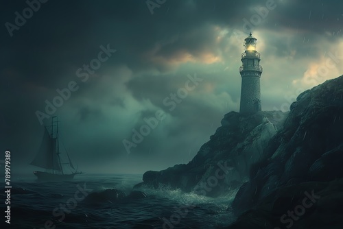 Bring the beauty of maritime exploration to life with a digital rendering technique Show a minimalist, eye-level view of a lighthouse guiding ships in the dark, utilizing photorealistic details to enh photo