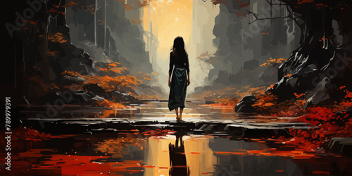 woman walks on a branch on a stream and looks at the monoliths in the forest, digital art style, illustration painting