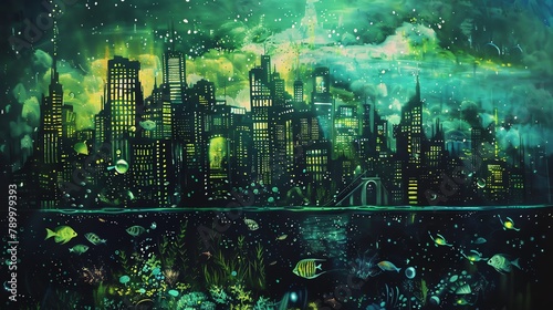 Bring the Bioluminescent Urban Jungle to life in a traditional watercolor medium Imagine an urban cityscape merging with the enchanting glow of underwater flora and fauna Show depth and detail through