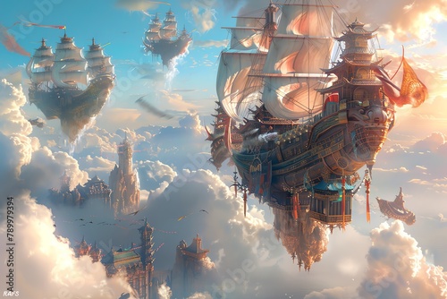 Bring to life a detailed 3D CG rendering of legendary flying vessels and celestial beings soaring through ancient skies, merging aeronautical exploration with mythological wonder