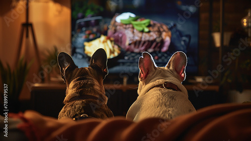 Back view of dogs watching TV with steak in dark living room. photo