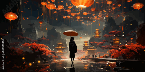 young asian girl in Japanese traditional clothes holds an umbrella standing against fantasy place with glowing insects flying around, digital art style, illustration