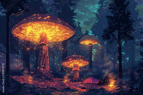 Capture a surrealistic wilderness camping scene with towering, glowing mushrooms using pixel art Experiment with drastic camera angles to highlight the eccentricity photo