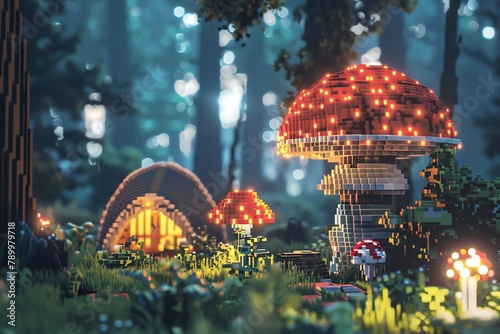 Capture a surrealistic wilderness camping scene with towering, glowing mushrooms using pixel art Experiment with drastic camera angles to highlight the eccentricity photo