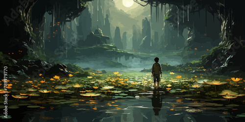 young man on giant lily pad leaf in fantasy swamp, digital art style, illustration painting