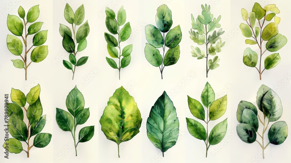 Fototapeta premium This abstract foliage wall art set features leaves, organic shapes, green tones, leaf branches, and trees. It can be used for interior, poster, cover, or banner decoration.