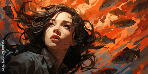 young woman diving with a school of fish in the sea, digital art style, illustration painting