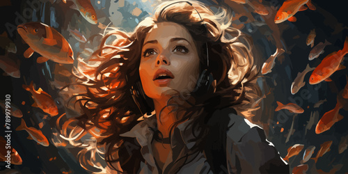 young woman diving with a school of fish in the sea, digital art style, illustration painting